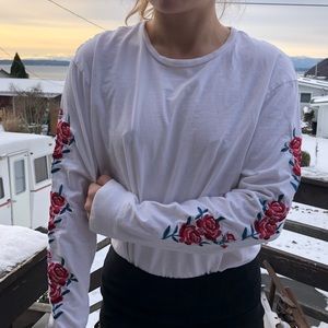 PACSUN long sleeve white mens T-Shirt w/ rose embroideries